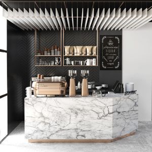 Designer Cafe With Marble And Wood. Minimalism