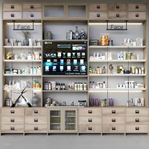Showcase In A Pharmacy With Medicines And Cosmetic