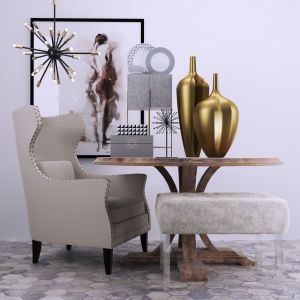 Designer Set. Table, Armchair, Chair, Vase, Decor