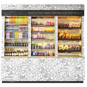 Showcase In A Supermarket With Products