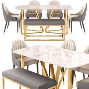 Modern Rectangle Faux Marble Dining Table Gold Set