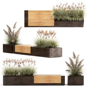 Bench With Flowerpot And Bushes For Outdoor Decor
